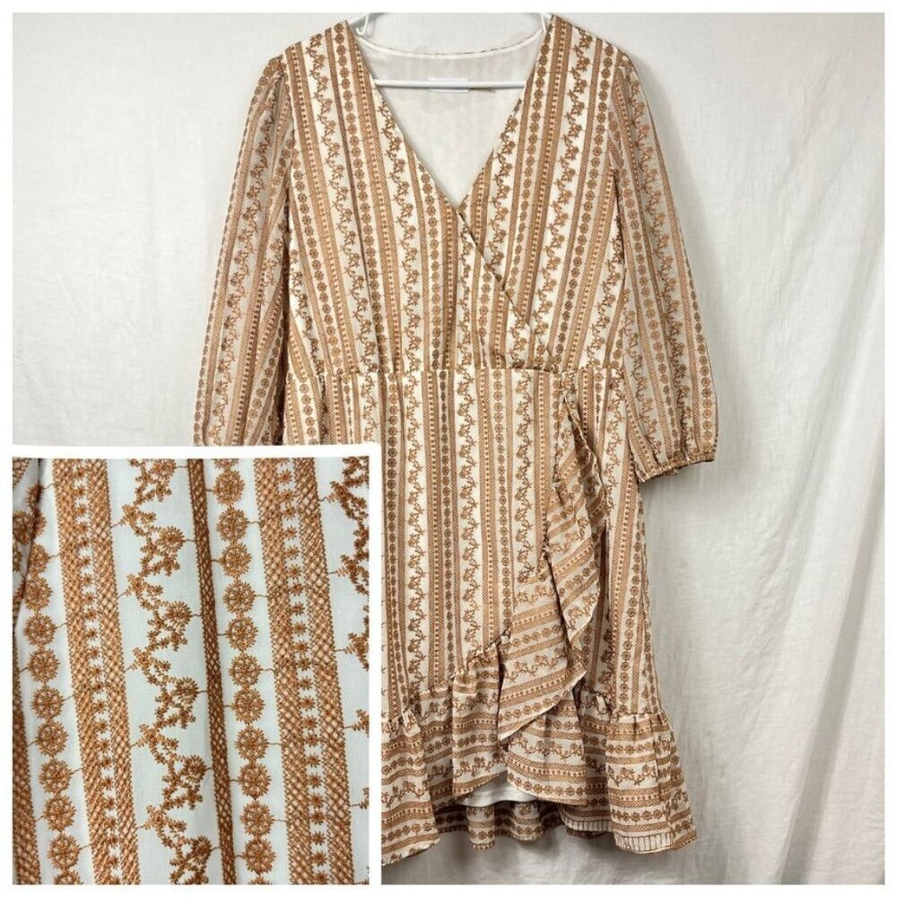Calvin Klein Faux Wrap Embroidered Ruffle Dress Womens XL Cottage Prairie Modest